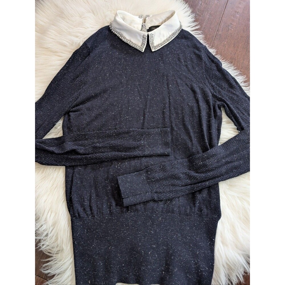 Ted Baker Navy Blue Sweater Embellished Jewel Collar Size 1 / US 4 / XS S Small